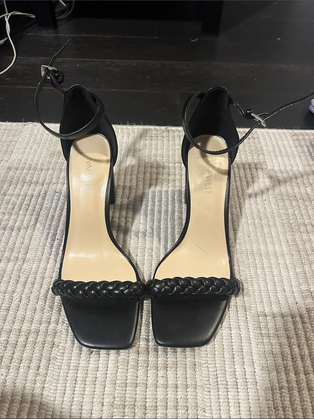 Nine West Black Braided Strap Ankle Strap Block Heels